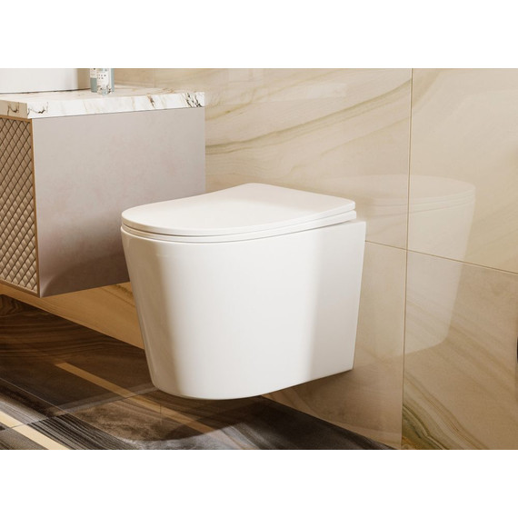 Унитаз подвесной безободковый Abber Bequem AC1102T с тонкой крышкой микролифт (Система смыва торнадо), Цвет производителя: белый - фото 4