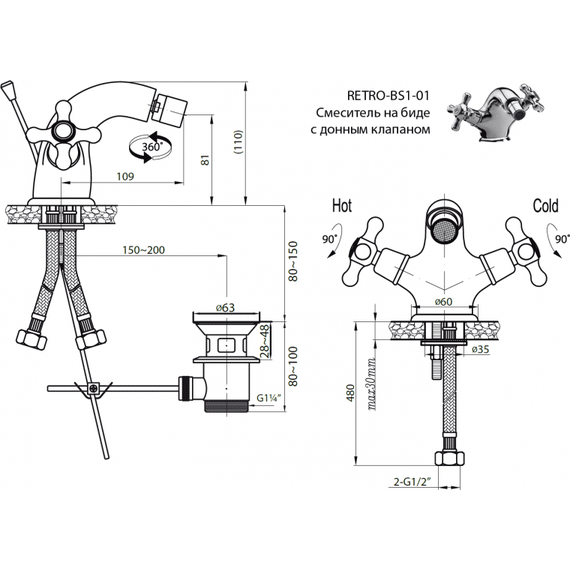 Смеситель для биде Cezares RETRO-C-BS1-03, золото, Цвет производителя: золото - фото 2