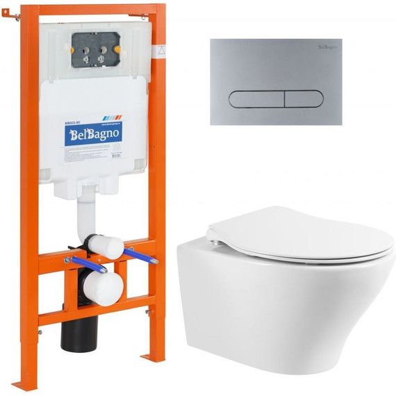 Инсталляция с подвесным безободковым унитазом BelBagno Acqua BB340CHR/BB2020SC/BB002-80/BB006-PR-CHROME.M (кнопка смыва хром матовый) - фото 