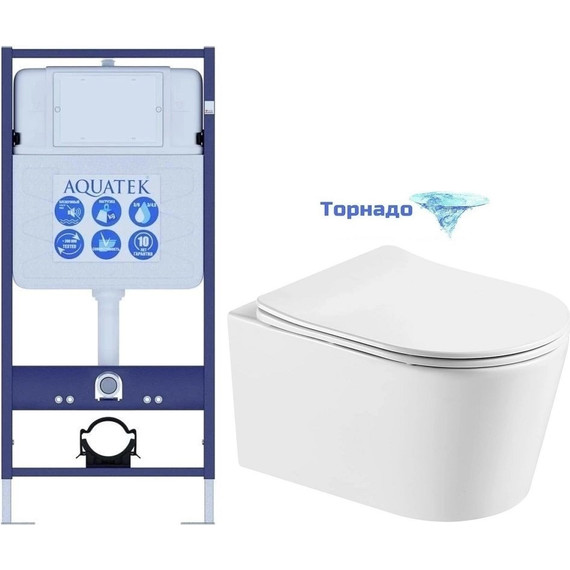 Инсталляция с подвесным унитазом комплект: Aquatek INS-0000012 с подвесным безободковым унитазом Оберон AQ1365T-00 сиденье микролифт (Система смыва торнадо) - фото 