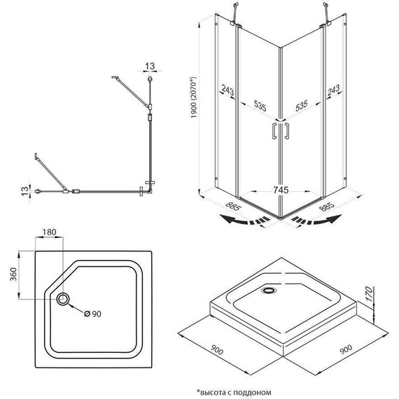 Душевое ограждение Triton Тау 90x90 см, чёрный/прозрачное - фото 11