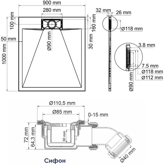 Поддон SMC WasserKraft Elbe 100х90 см 74T22, чёрный - фото 2