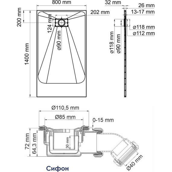 Поддон SMC WasserKraft Elbe 140х80 см 74T35, чёрный - фото 2