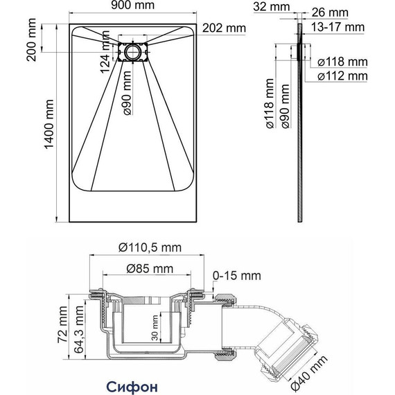 Поддон SMC WasserKraft Elbe 140х90 см 74T36, чёрный - фото 2